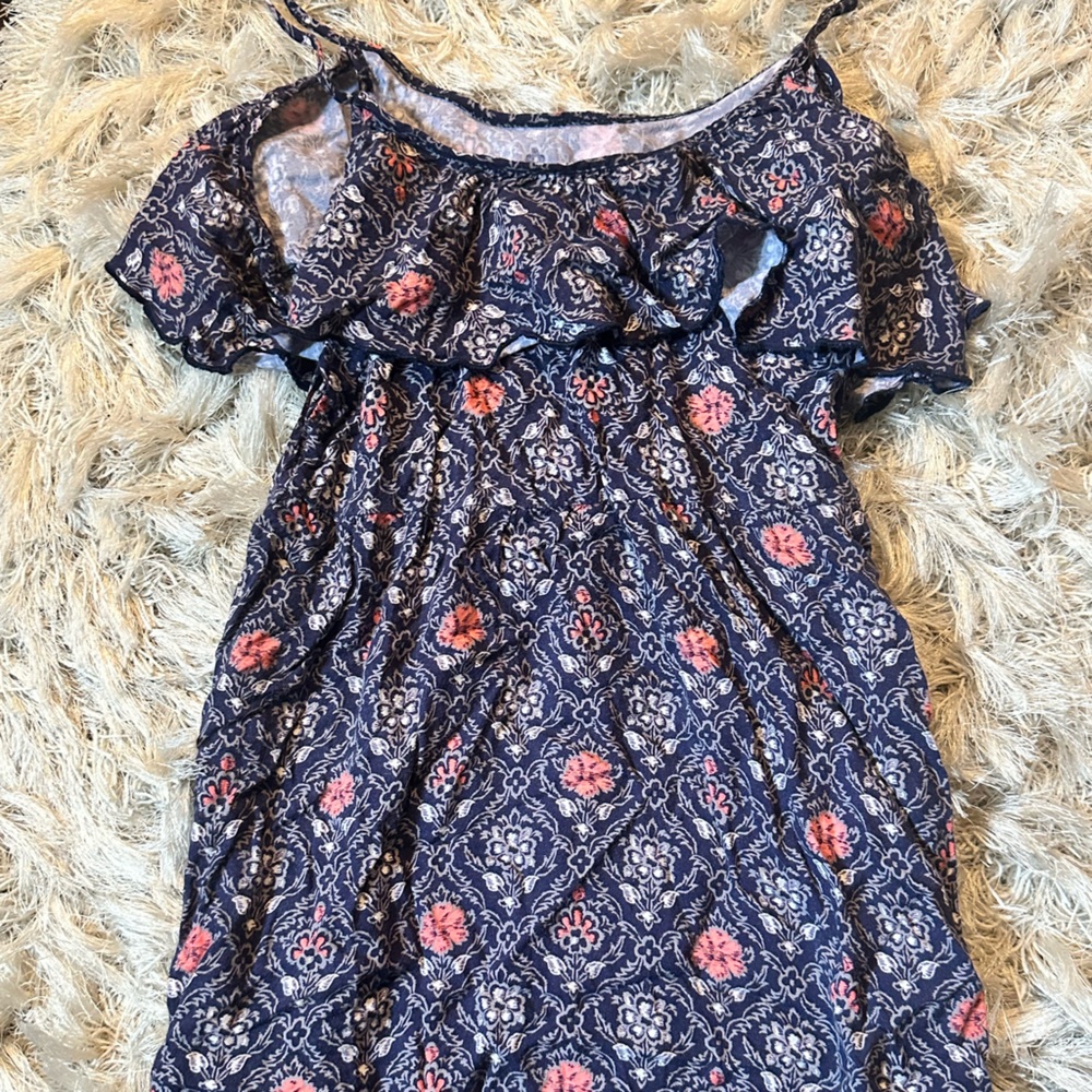 Hollister Blue Floral Rayon Top with Pink Detail
